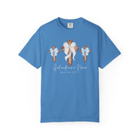 Light-blue God Made Me a Mama T-shirt by Comfort Colors featuring rustic crosses with bows and scripture, crafted from soft, durable cotton for a relaxed fit.