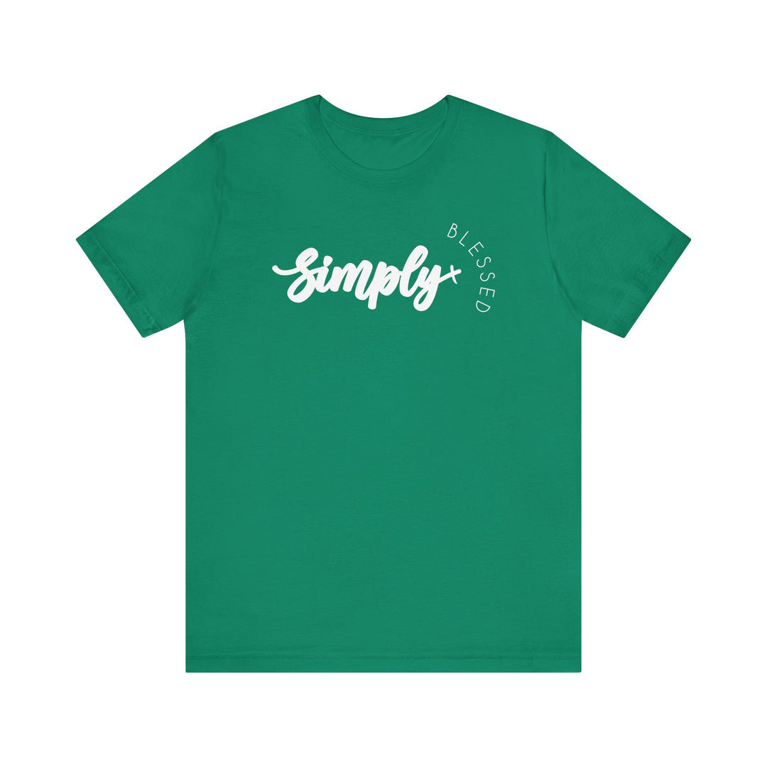 Simply Blessed Tee: A green unisex jersey short sleeve t-shirt with white text, soft cotton fabric, ribbed knit collars, and dual side seams for lasting shape.