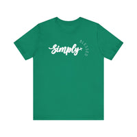 Simply Blessed Tee: A green unisex jersey short sleeve t-shirt with white text, soft cotton fabric, ribbed knit collars, and dual side seams for lasting shape.