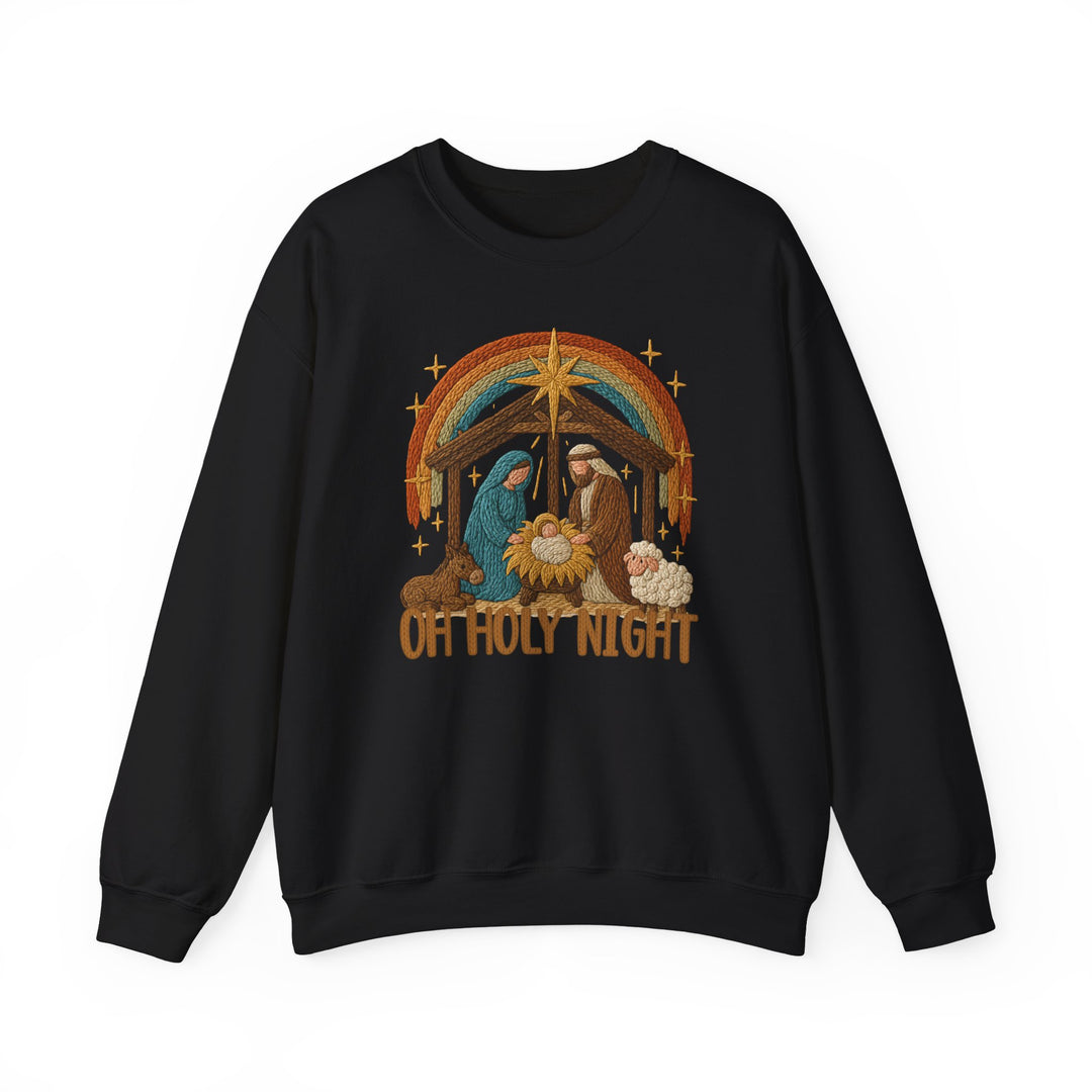 Black crewneck sweatshirt featuring an embroidered-look Nativity scene with OH HOLY NIGHT text, designed for comfort and style by Faith Family Designs.