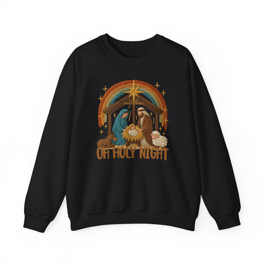 Black crewneck sweatshirt featuring an embroidered-look Nativity scene with OH HOLY NIGHT text, designed for comfort and style by Faith Family Designs.