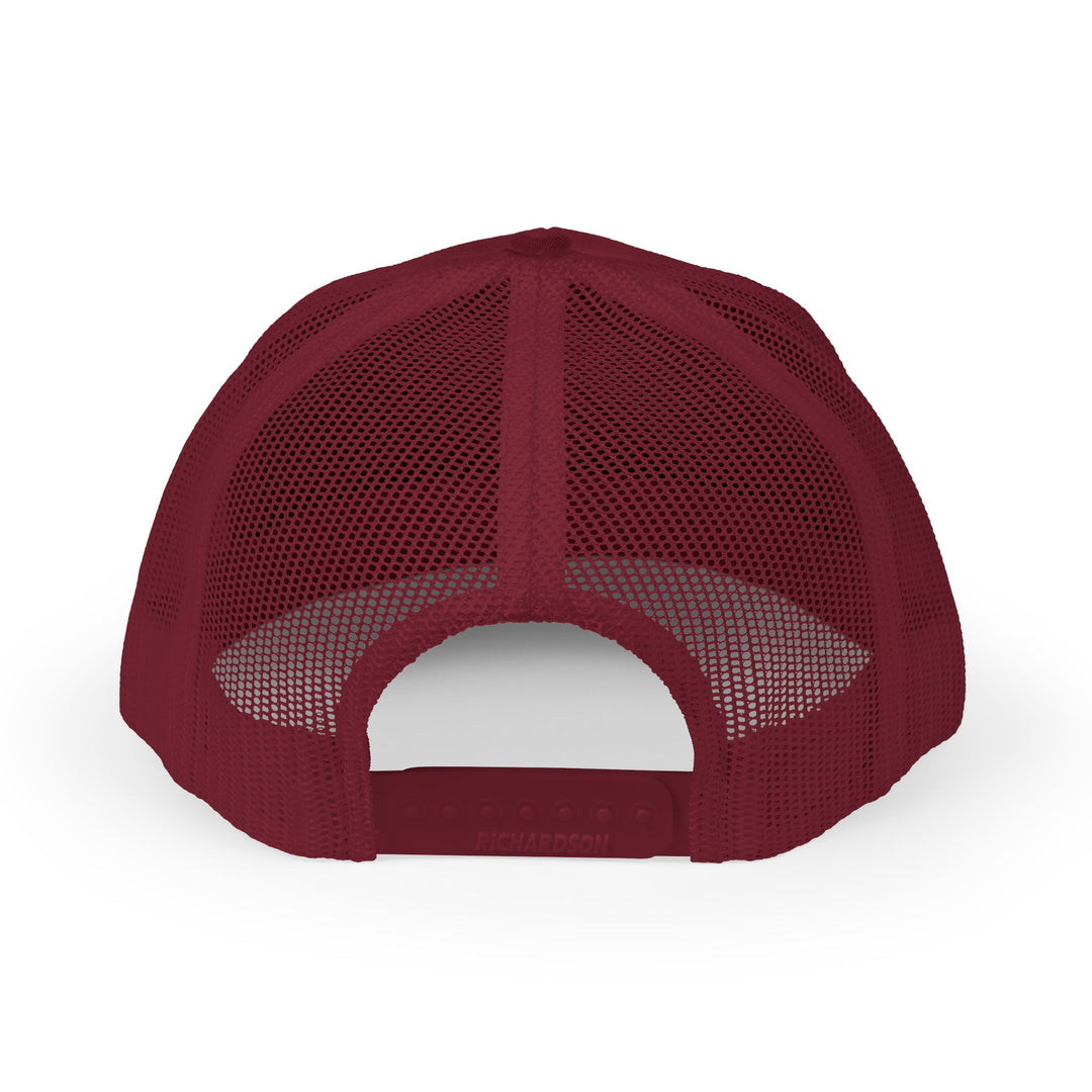 Back view of Psalms 23 Snapback Trucker Cap, featuring burgundy mesh panels, snap-adjustable closure with Richardson detail, offering breathable comfort and adjustable fit.