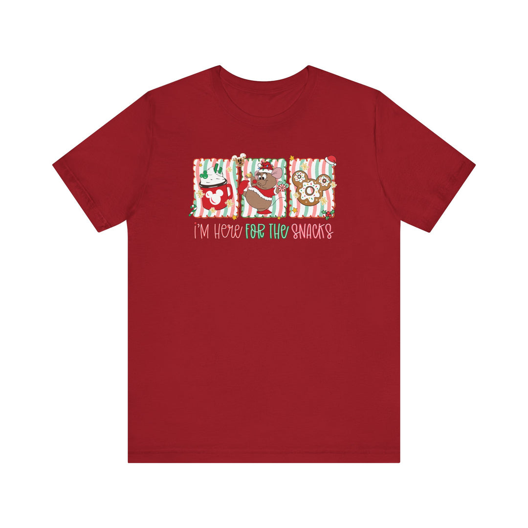 Here for the Snacks Tee features festive candy-cane graphics, Mickey-themed icons, and playful slogan. Unisex fit with soft cotton for comfort.