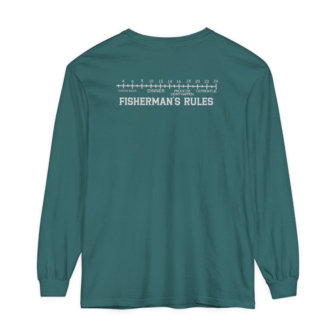 A Lucky Bones Fishing Club Long Sleeve Tee in green with white text. Made of 100% ring-spun cotton for softness and style. Classic fit, garment-dyed fabric, and relaxed comfort. Perfect for casual settings.