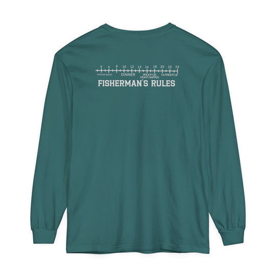 A Lucky Bones Fishing Club Long Sleeve Tee in green with white text. Made of 100% ring-spun cotton for softness and style. Classic fit, garment-dyed fabric, and relaxed comfort. Perfect for casual settings.