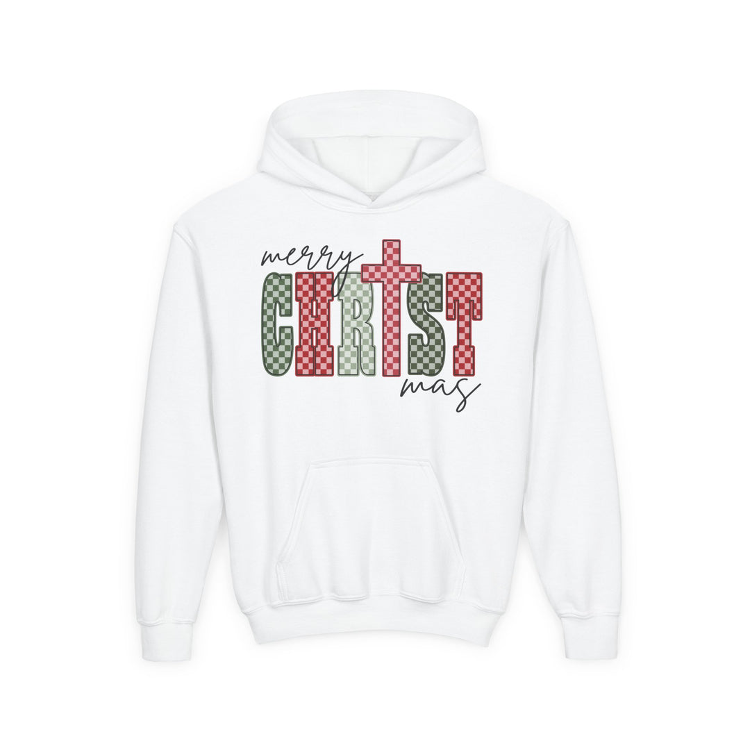 Christmas Youth Hoodie featuring a festive Merry Christmas graphic with red and green checkerboard letters, kangaroo pocket, and drawstring hood.