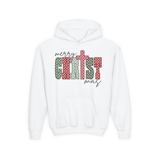 Christmas Youth Hoodie featuring a festive Merry Christmas graphic with red and green checkerboard letters, kangaroo pocket, and drawstring hood.