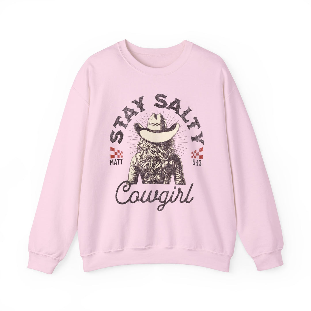 Stay Salty Crew pink sweatshirt featuring a cowboy hat graphic, designed for comfort with a ribbed collar and no side seams.