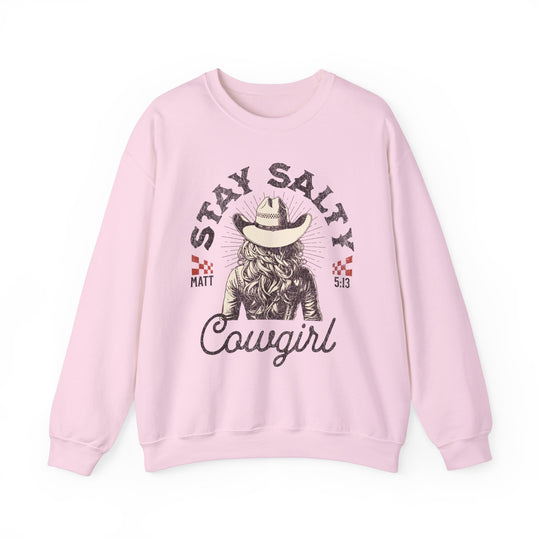 Stay Salty Crew pink sweatshirt featuring a cowboy hat graphic, designed for comfort with a ribbed collar and no side seams.