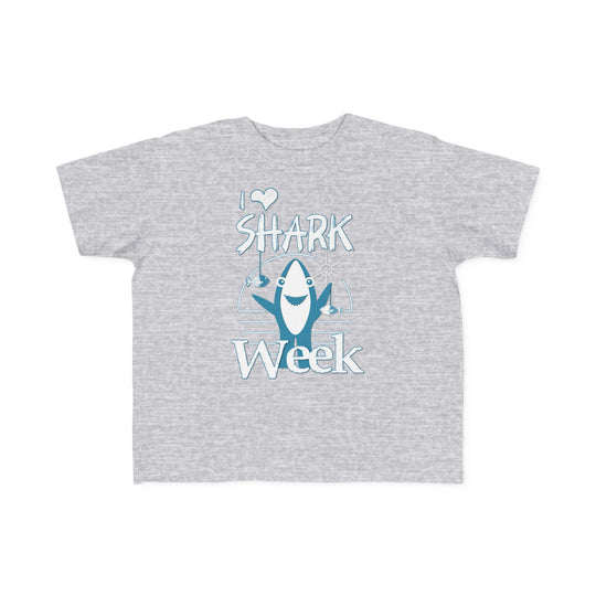 I Love Shark Week Toddler Tee, soft cotton, durable print, perfect for toddlers' sensitive skin. Classic fit, true to size, tear-away label.