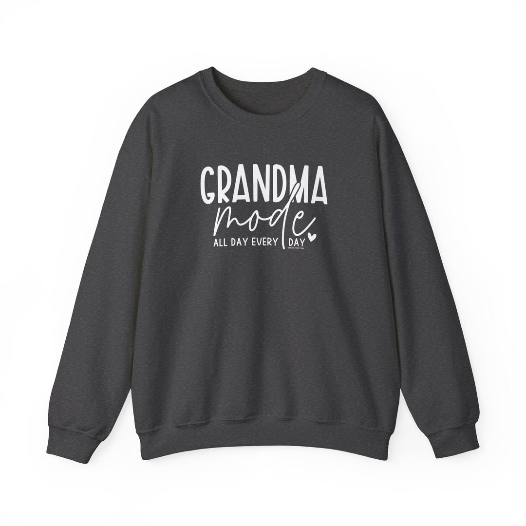 Unisex Grandma Mode Crew sweatshirt in grey with white text. Made of cotton and polyester blend, ribbed knit collar, no itchy side seams. Medium-heavy fabric, loose fit, true to size.