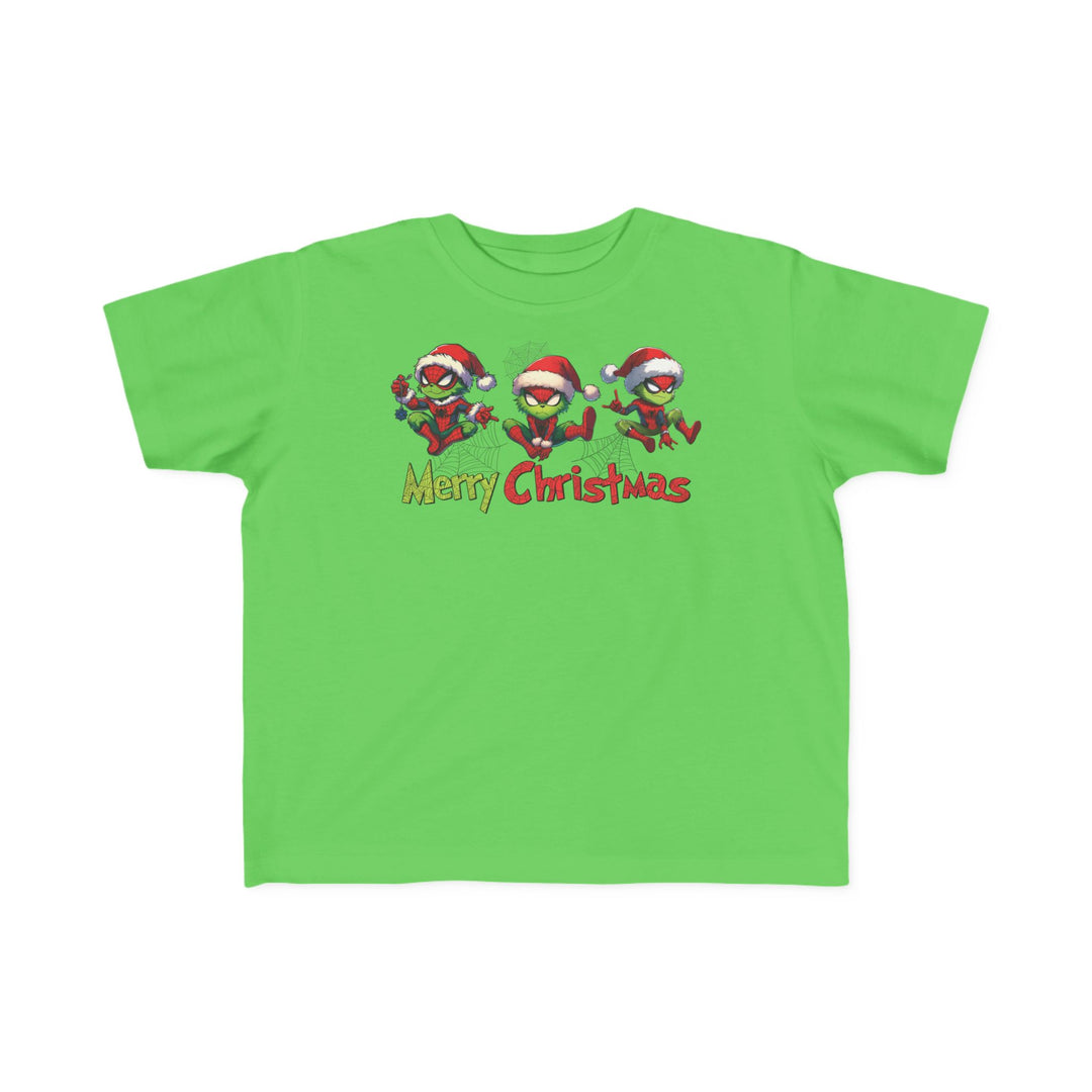 Spider Toddler Tee featuring festive web-swinging characters with Santa hats and Merry Christmas message, perfect for toddlers’ sensitive skin.
