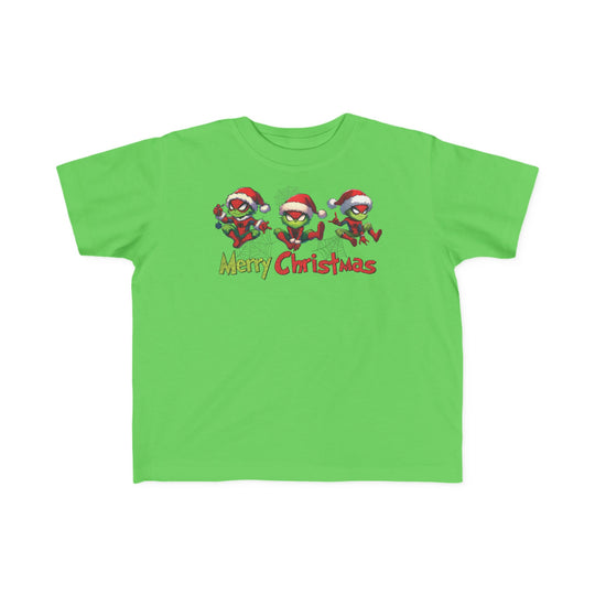 Spider Toddler Tee featuring festive web-swinging characters with Santa hats and Merry Christmas message, perfect for toddlers’ sensitive skin.
