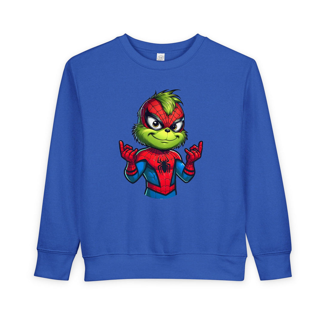 Christmas Spider Toddler Crew: Bright blue sweatshirt with a Grinch-like character in a Spider-Man costume, perfect for keeping toddlers warm and stylish.