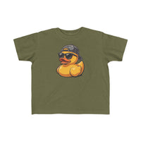 Ducky Toddler Tee featuring a yellow cartoon duck graphic with sunglasses and a cap on an olive-green T-shirt, designed for toddler comfort and style.