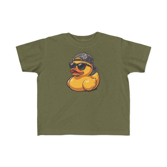 Ducky Toddler Tee featuring a yellow cartoon duck graphic with sunglasses and a cap on an olive-green T-shirt, designed for toddler comfort and style.