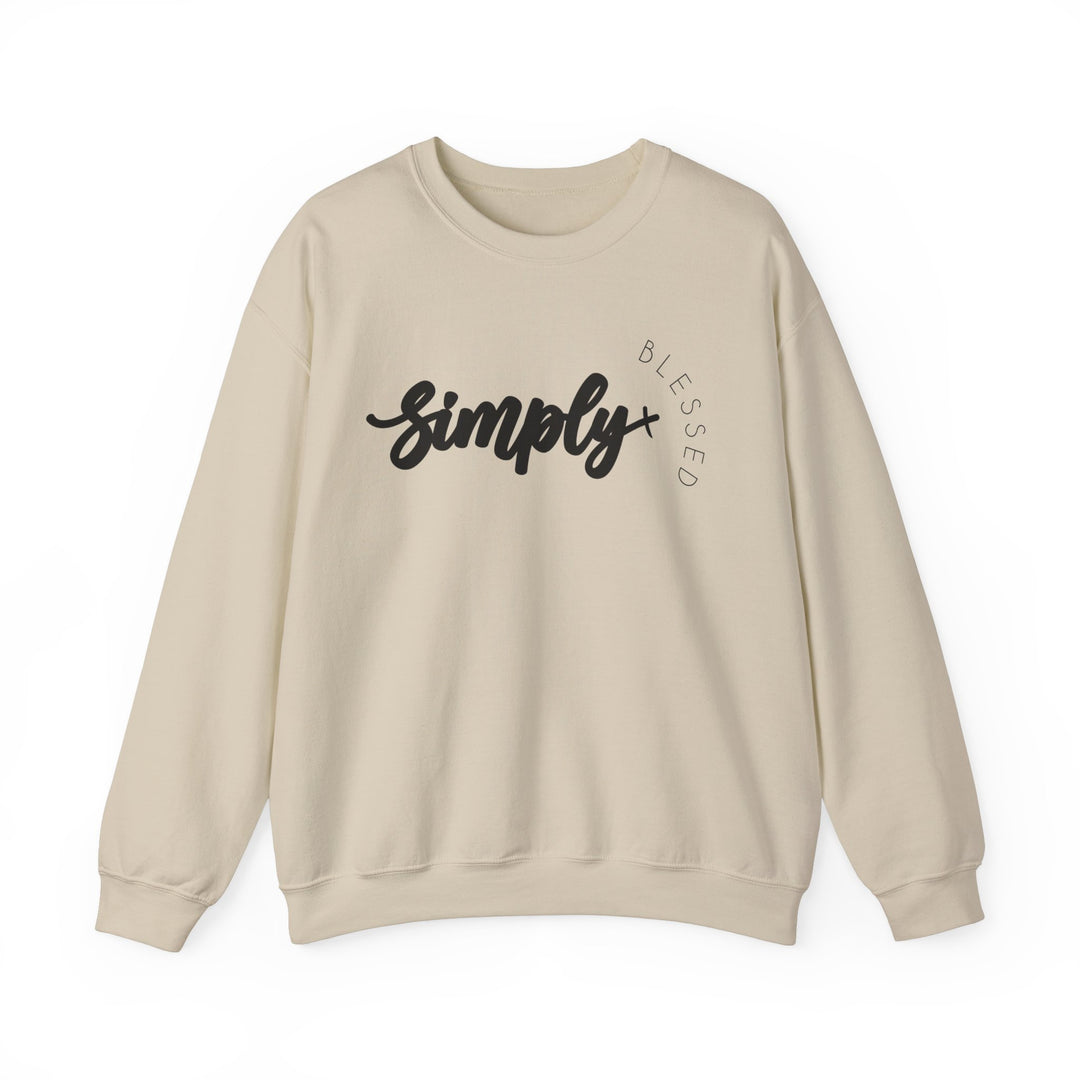 Simply Blessed Crew: A white crewneck sweatshirt featuring black text, offering a comfortable, loose fit with ribbed knit collar, crafted from a cotton-polyester blend.