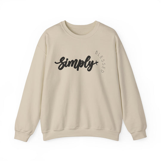 Simply Blessed Crew: A white crewneck sweatshirt featuring black text, offering a comfortable, loose fit with ribbed knit collar, crafted from a cotton-polyester blend.