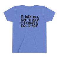 Youth short sleeve tee with a blue smiley face and black text. Lightweight, 100% Airlume combed cotton, perfect for custom artwork. Retail fit, tear away label, ideal for kids.