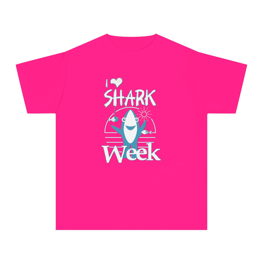 Kids wearing the I Love Shark Week Kids Tee, a soft, comfortable, classic-fit shirt made of 100% combed ringspun cotton, ideal for active play or study.