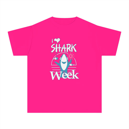 Kids wearing the I Love Shark Week Kids Tee, a soft, comfortable, classic-fit shirt made of 100% combed ringspun cotton, ideal for active play or study.