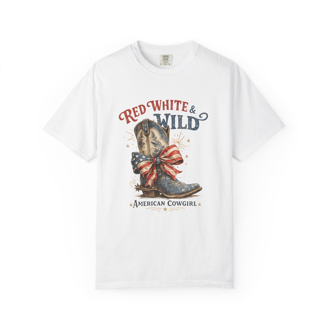 Red White and Wild Tee featuring a vintage cowboy boot with an American flag bow, slogan 'American Cowgirl,' on a Comfort Colors white T-shirt.