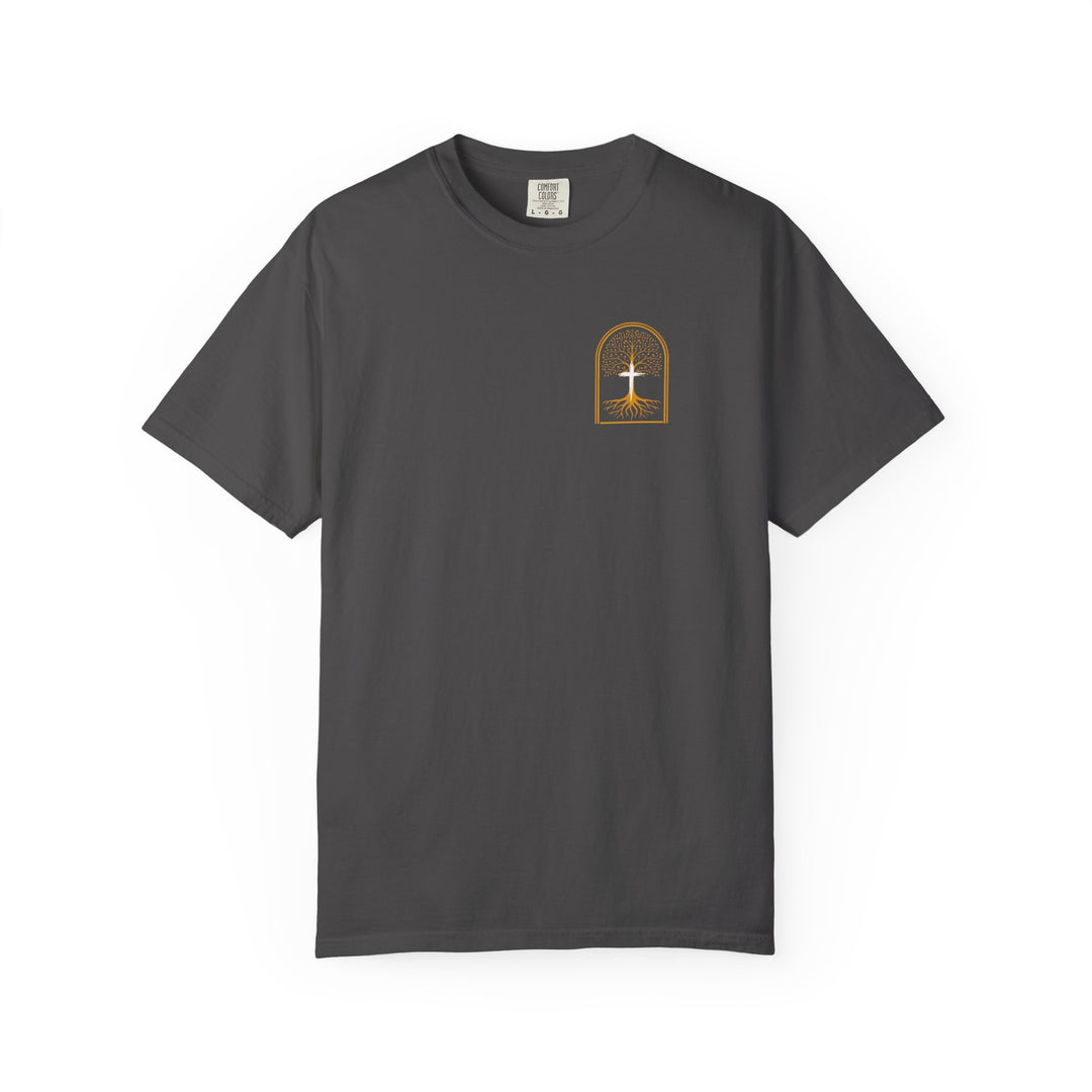 Adam to Noah Tree Tee: Dark charcoal-gray, short-sleeve shirt with a gold stylized tree graphic on the chest. Made from 100% ring-spun cotton for comfort and durability.