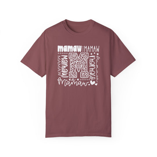 Comfort Colors 1717 Mamaw Tee, maroon t-shirt with white text, 100% ring-spun cotton, relaxed fit, durable double-needle stitching, no side-seams, crew neckline, customizable, ethically sourced US cotton.