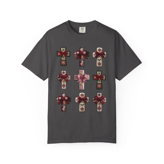 Dark-charcoal Crosses Tee featuring a 3×3 grid of holiday-themed cross patches with snowflake motifs and bows, offering luxurious comfort with its relaxed fit.