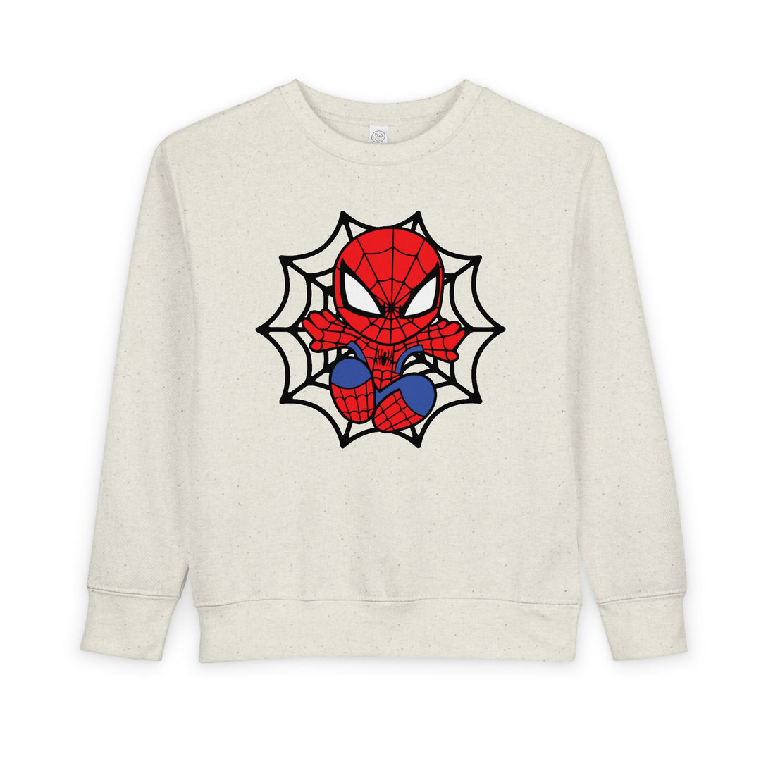 Spider Kid Toddler Crew sweatshirt featuring a cartoon-style Spider-Man graphic, crafted from a soft cotton-polyester blend for comfort and durability. Ideal for toddlers.