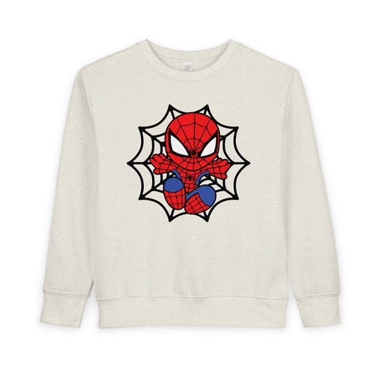 Spider Kid Toddler Crew sweatshirt featuring a cartoon-style Spider-Man graphic, crafted from a soft cotton-polyester blend for comfort and durability. Ideal for toddlers.
