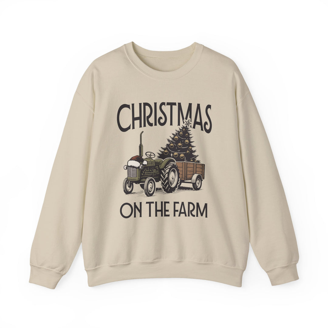 Christmas on the Farm Crew sweatshirt featuring a tractor with a Christmas tree and Santa hat design, ideal for cozy holiday wear.