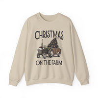 Christmas on the Farm Crew sweatshirt featuring a tractor with a Christmas tree and Santa hat design, ideal for cozy holiday wear.