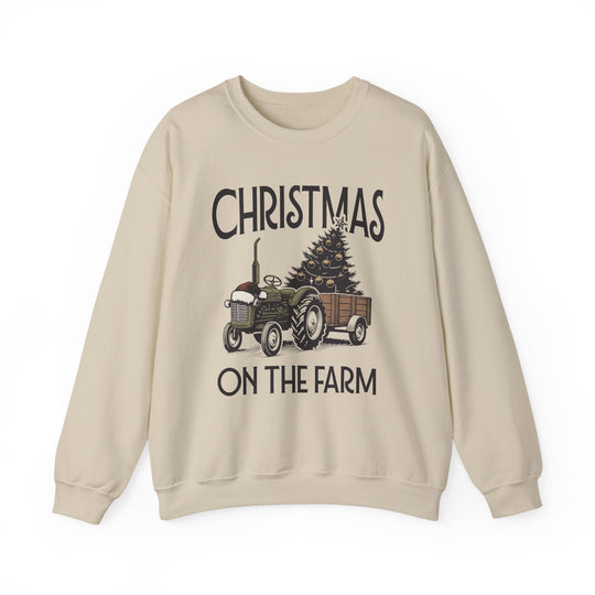 Christmas on the Farm Crew sweatshirt featuring a tractor with a Christmas tree and Santa hat design, ideal for cozy holiday wear.