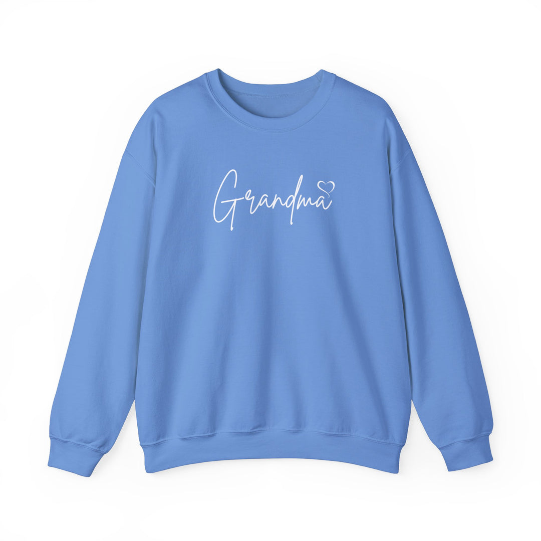 A Grandma Love Crew unisex sweatshirt in blue with white text. Made of 50% cotton, 50% polyester, ribbed knit collar, and no itchy side seams. Medium-heavy fabric, loose fit, true to size.