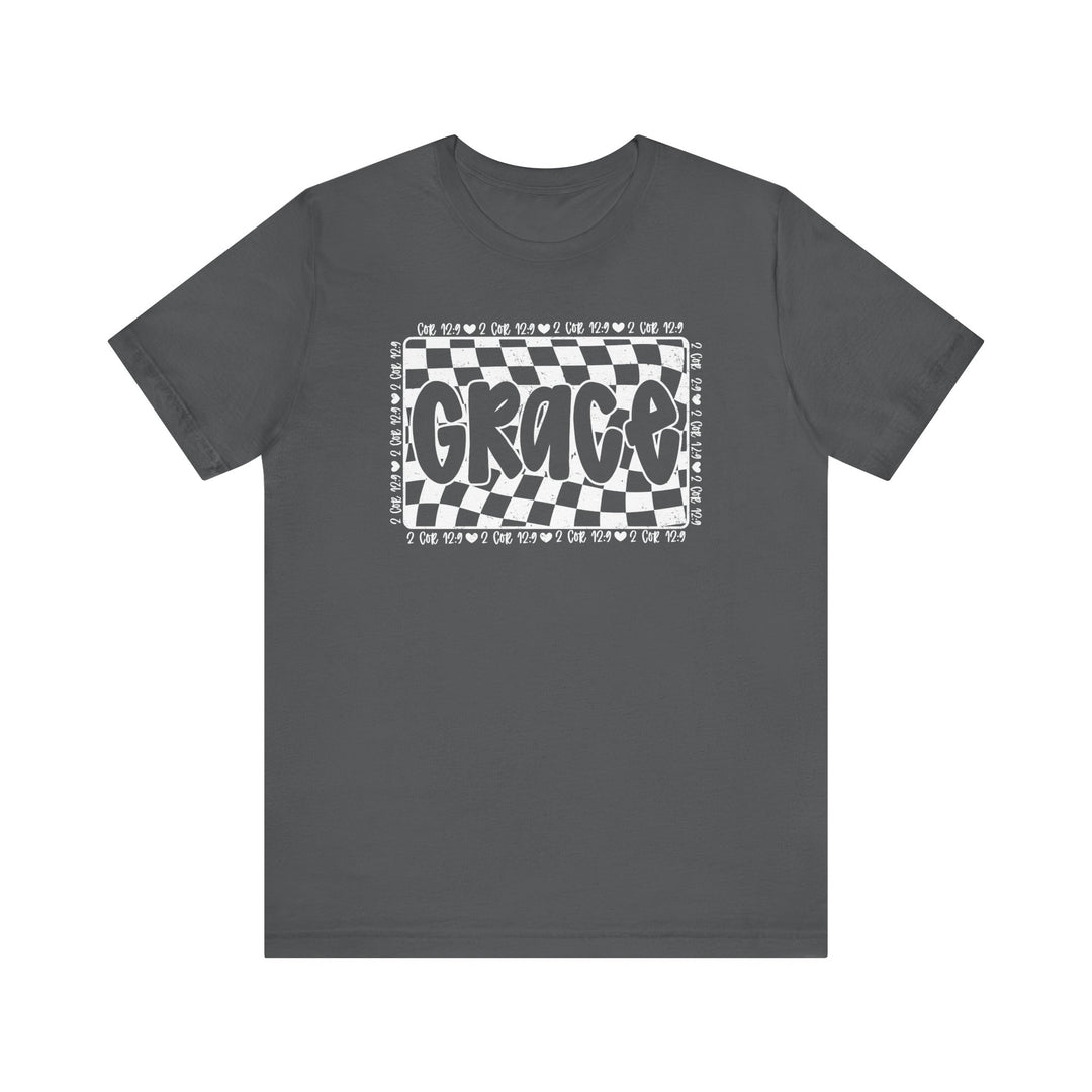 Grace Tee: A grey t-shirt featuring a checkered design, made from soft cotton with ribbed knit collars and dual side seams for durability.
