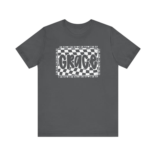 Grace Tee: A grey t-shirt featuring a checkered design, made from soft cotton with ribbed knit collars and dual side seams for durability.
