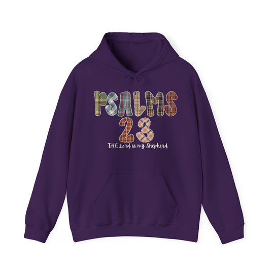 Purple pullover hoodie with PSALMS 23 plaid graphic and The Lord is my Shepherd script on chest, featuring kangaroo pocket, by Faith Family Designs.