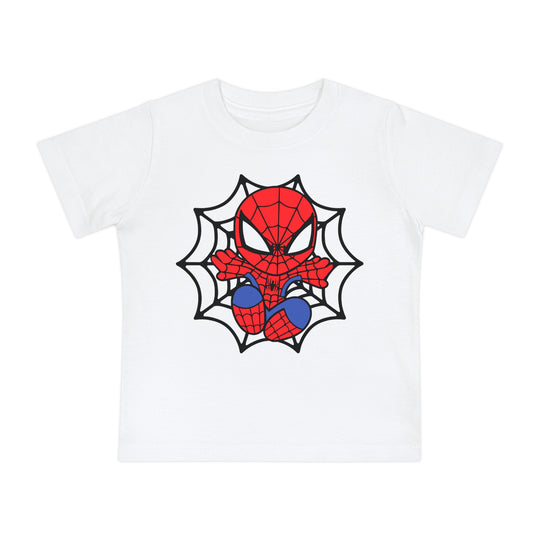 Spider Kid Baby Tee featuring a stylized cartoon Spider-Man graphic on a white short-sleeved shirt for children, made of soft, durable, pre-shrunk cotton.