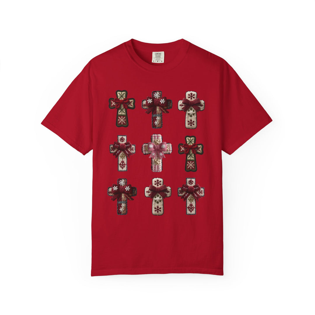 Crosses Tee featuring a 3x3 grid of holiday-themed embroidered crosses on a red short-sleeve T-shirt, blending festive design with casual style.