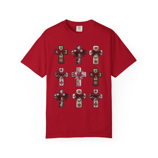 Crosses Tee featuring a 3x3 grid of holiday-themed embroidered crosses on a red short-sleeve T-shirt, blending festive design with casual style.