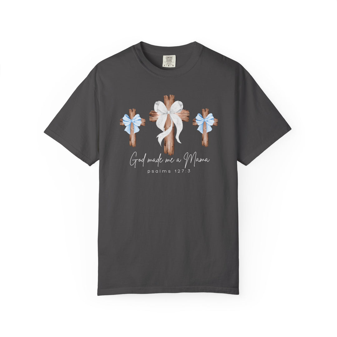 Charcoal-gray God Made Me a Mama tee featuring rustic wooden crosses with bows, crafted by Comfort Colors, offering comfort and durability with a relaxed fit.