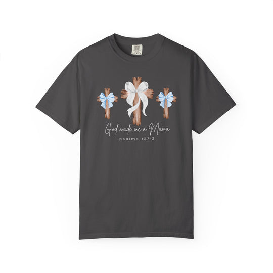 Charcoal-gray God Made Me a Mama tee featuring rustic wooden crosses with bows, crafted by Comfort Colors, offering comfort and durability with a relaxed fit.