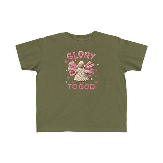 Glory to God Toddler Tee featuring an angel graphic with pink and cream crochet-style stitches and stars, ideal for sensitive skin, perfect for toddlers' first adventures.