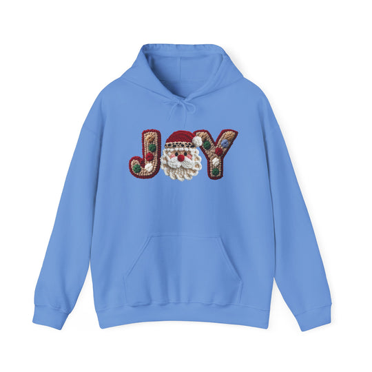 Light-blue hoodie with JOY and Santa design, featuring a kangaroo pocket and drawstring hood, offering warmth and style for cold days.