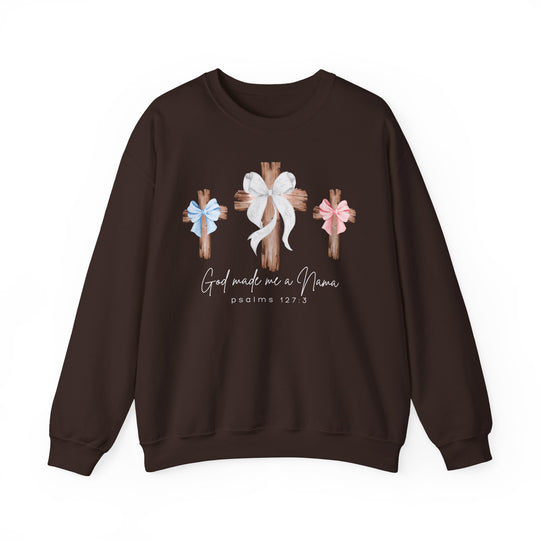 Dark brown pullover featuring three wooden crosses with bows, script text God made me a Nana and psalms 127:3, from Faith Family Designs.