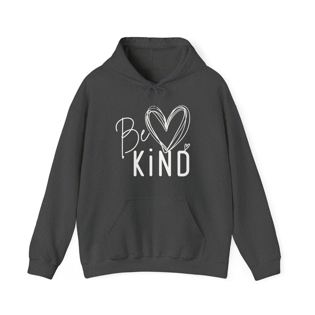 Dark-charcoal hoodie with Be Kind printed in white, featuring heart accents and a kangaroo pocket, embodying comfort and style from Faith Family Designs.
