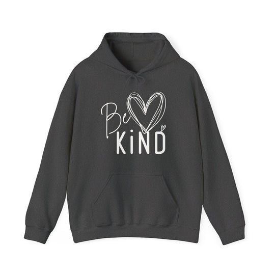 Dark-charcoal hoodie with Be Kind printed in white, featuring heart accents and a kangaroo pocket, embodying comfort and style from Faith Family Designs.