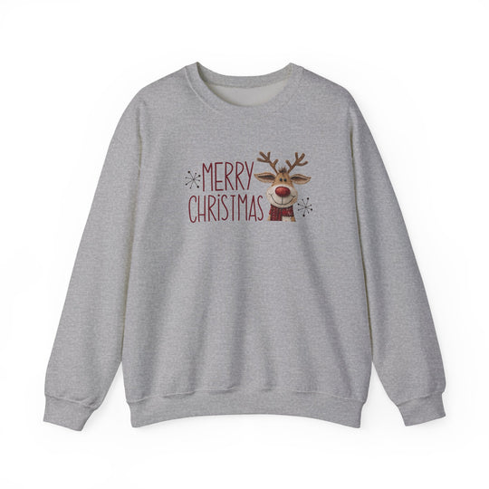 Merry Christmas Reindeer Crew sweatshirt featuring a festive red text, minimalist snowflakes, and a cute Rudolph graphic, perfect for cozy holiday wear.