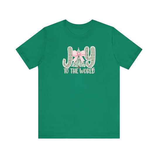 Joy to the World Tee featuring cacti and evergreen graphic with festive lettering, designed for comfort with soft cotton and durable fit.